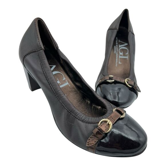 AGL Attilio Giusti Leombruni Women's Leather Buckle Heels Pumps Brown Size 38.5 - Picture 9 of 10